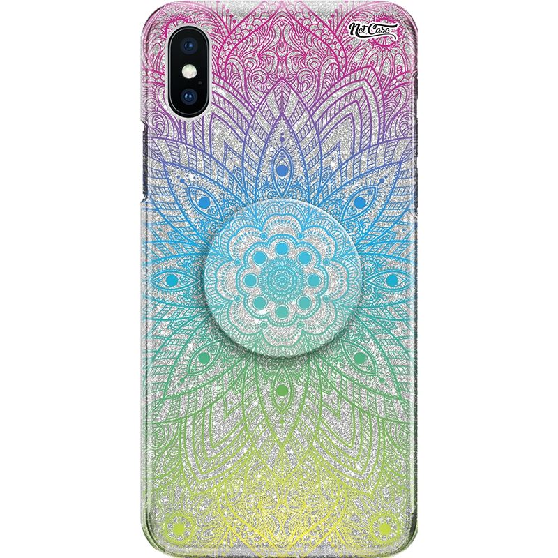 Capa Netcase Glitter + Pop 3in1 Prata - Mandala Flor Verde e Bordô