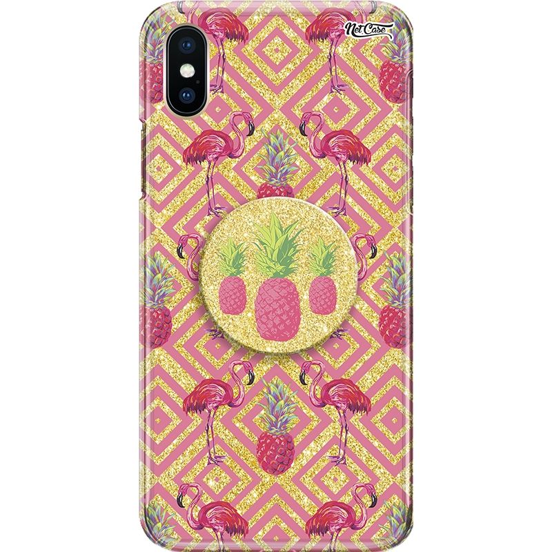 Capa Netcase Glitter + Pop 3in1 Dourado - Flamingos e Abacaxis