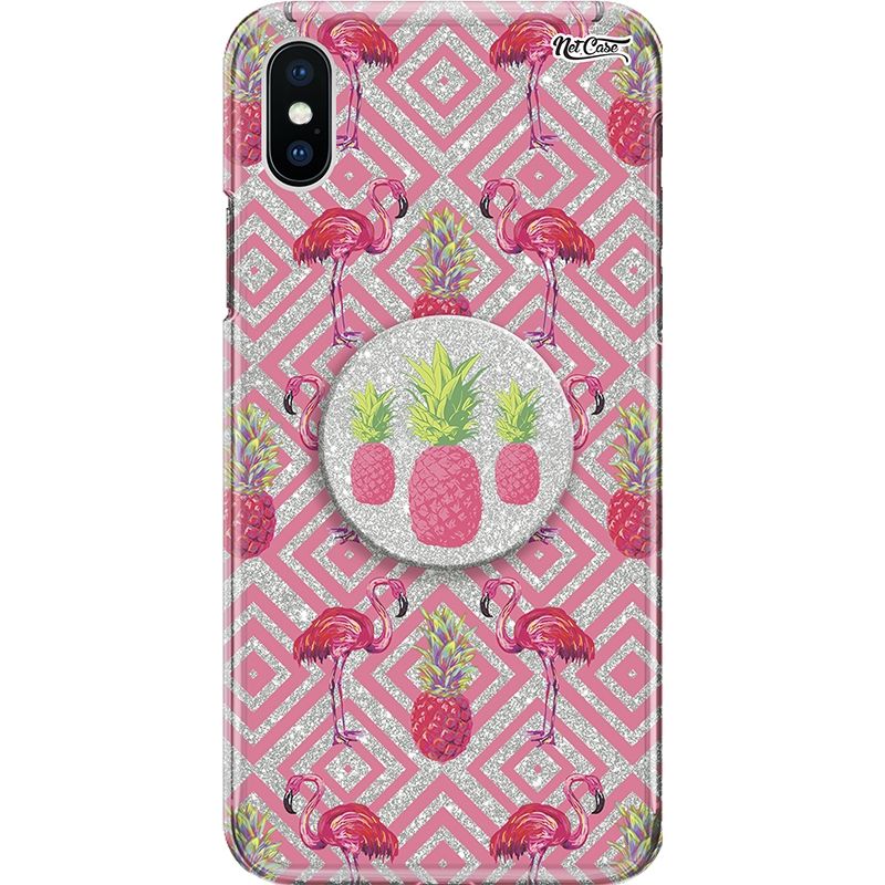 Capa Netcase Glitter + Pop 3in1 Prata - Flamingos e Abacaxis