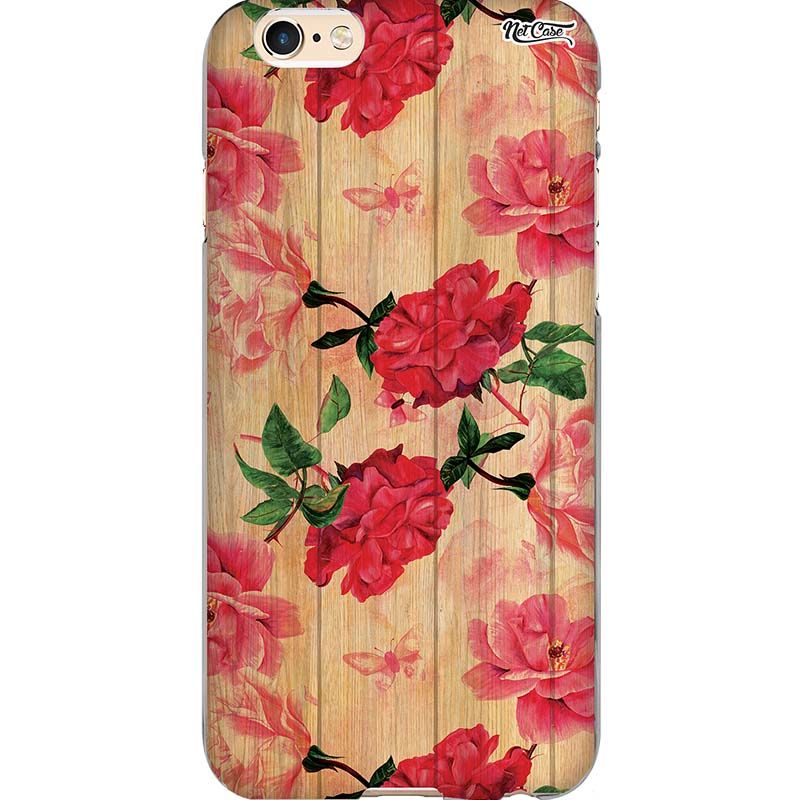 Capa Silicone NetCase Chapada Madeira Flores Vermelhas