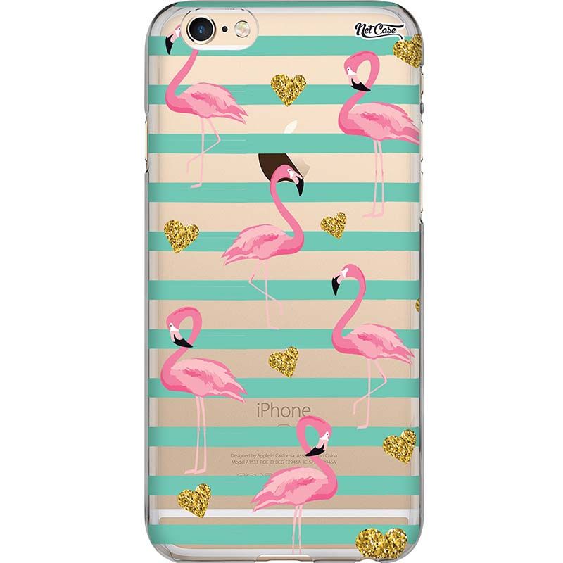 Capa Silicone NetCase Transparente Flamingos Corações Dourado