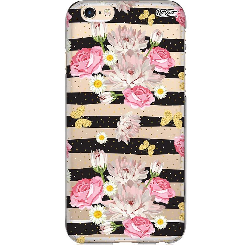Capa Silicone NetCase Transparente Poás e Listras Flores e Borboletas