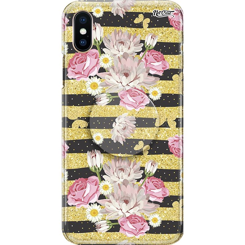 Capa Netcase Glitter + Pop 3in1 Dourado - Poás e Listras Flores e Borboletas