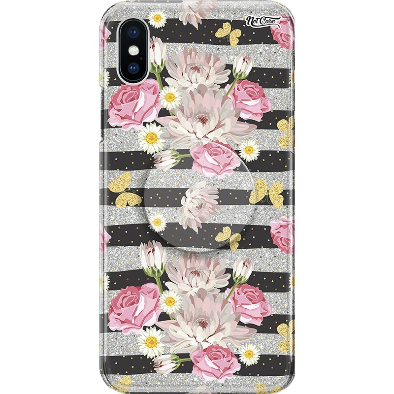 Capa Netcase Glitter + Pop 3in1 Prata - Poás e Listras Flores e Borboletas