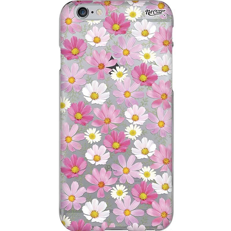 Capa Silicone NetCase Transparente Margaridas Rosa e Branca
