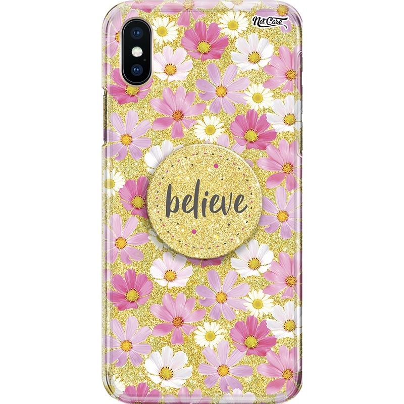 Capa Netcase Glitter + Pop 3in1 Dourado - Margaridas Rosa e Branca