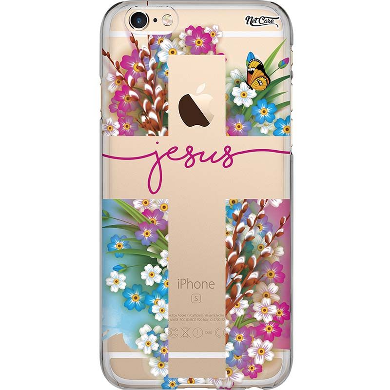 Capa Silicone NetCase Transparente Jesus: Floral Cruz