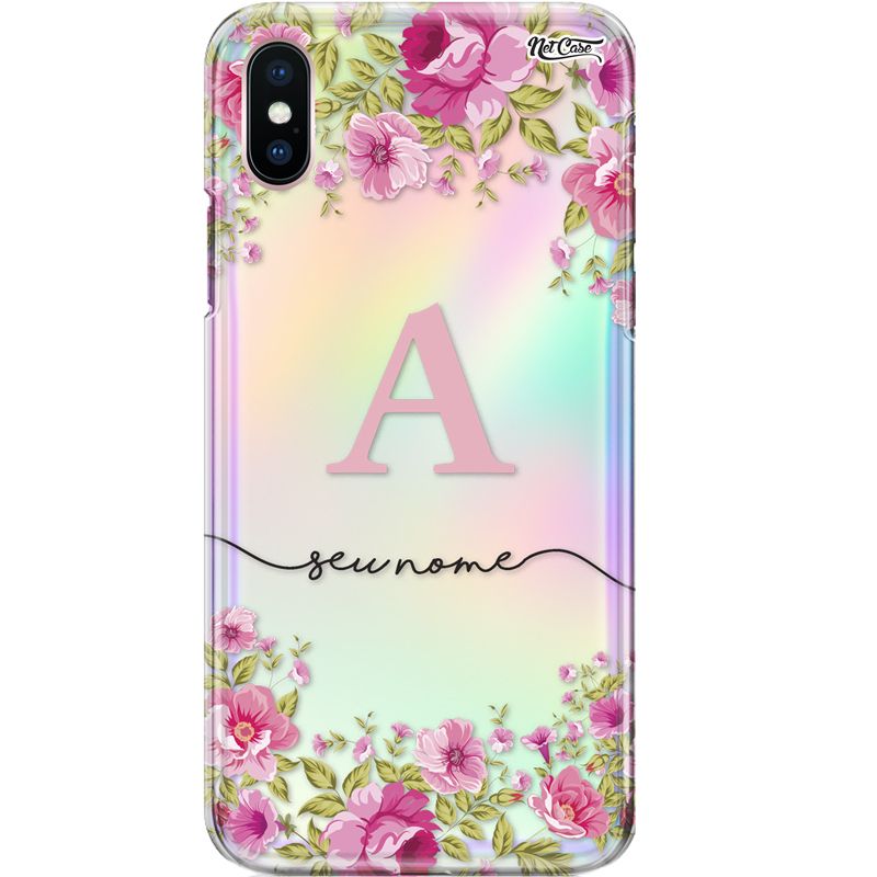 Capa Silicone NetCase Holográfica Nome Floral Rosa