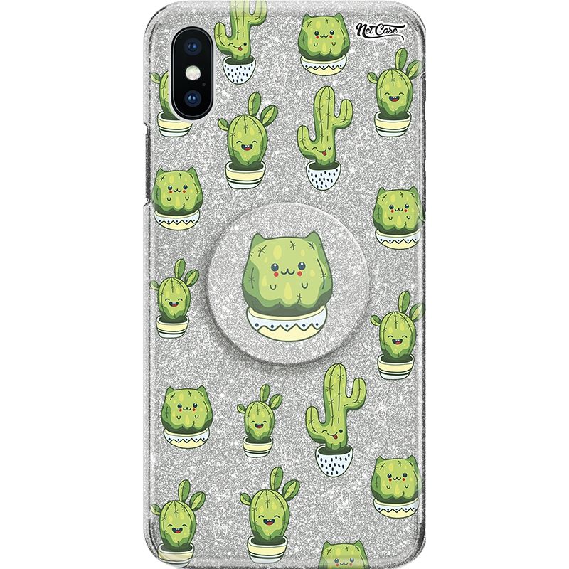 Capa Netcase Glitter + Pop 3in1 Prata - Cactus Smile