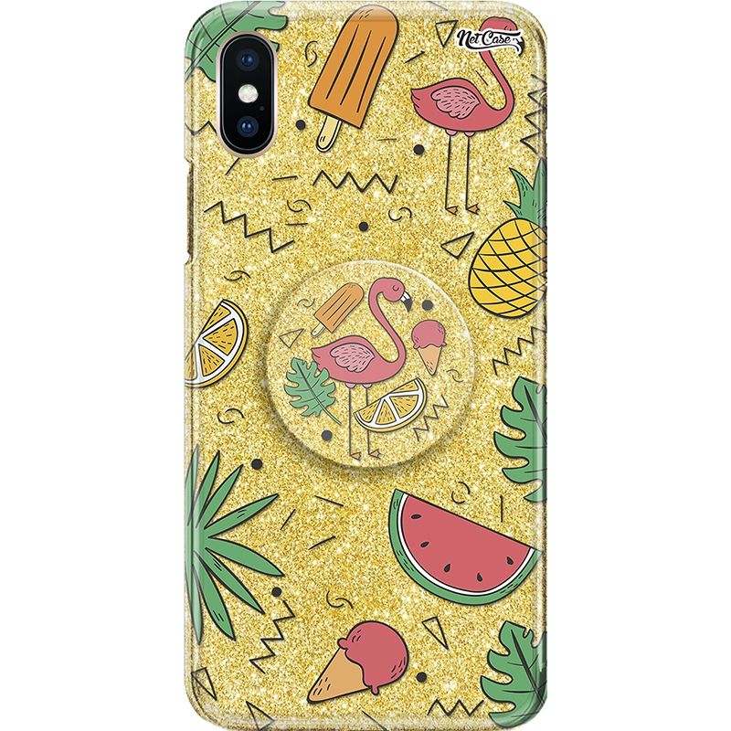 Capa Netcase Glitter + Pop 3in1 Dourado - Flamingo Frutas Tropicais