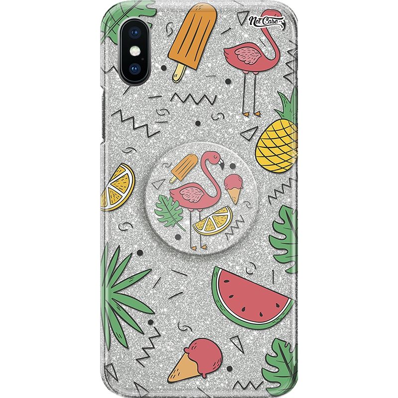 Capa Netcase Glitter + Pop 3in1 Prata - Flamingo Frutas Tropicais