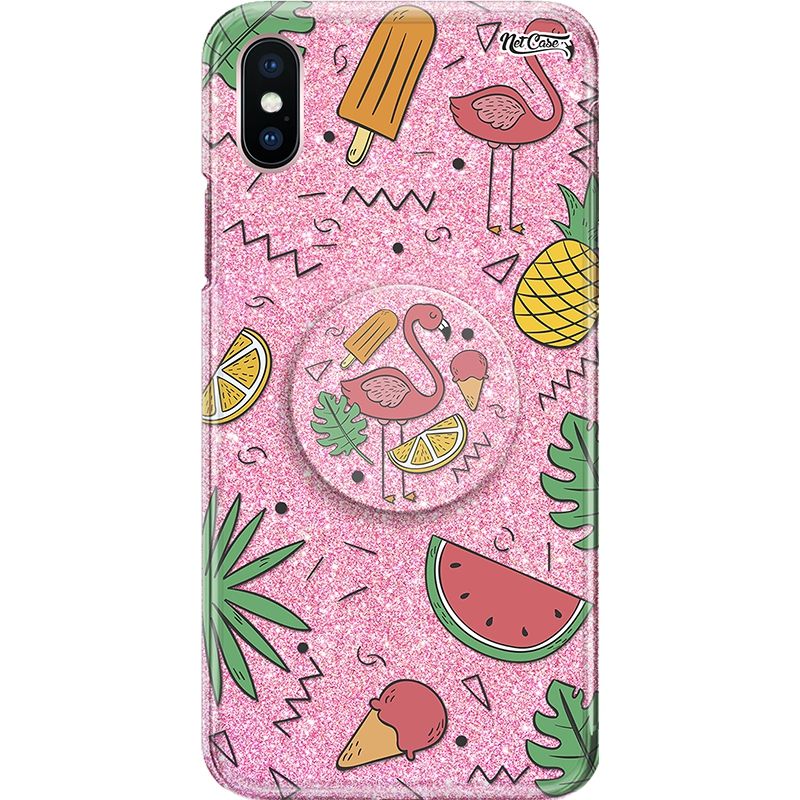 Capa Netcase Glitter + Pop 3in1 Rosa - Flamingo Frutas Tropicais