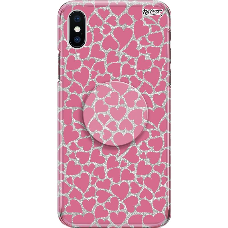 Capa Netcase Glitter + Pop 3in1 Prata - Corações Rosa