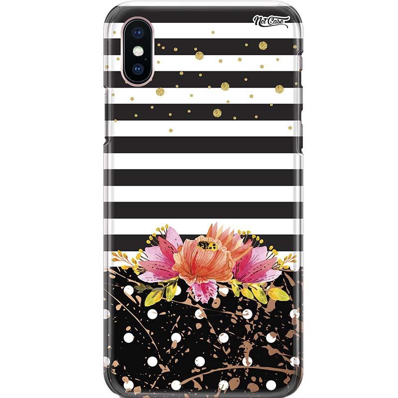 Capa Silicone NetCase Chapada Flores Coloridas Listras Preto e Branco