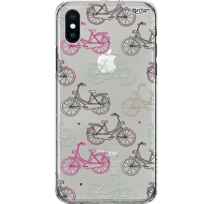 Capa Silicone NetCase Transparente Bicicletas Verde e Rosa