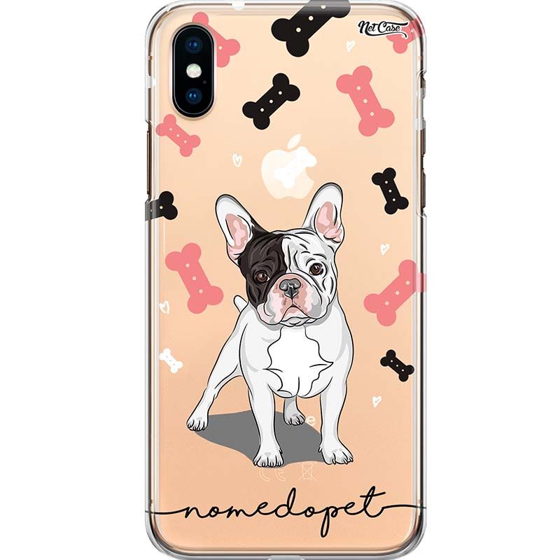 Capa Silicone NetCase Transparente Nome Bulldog Francês Ossinhos
