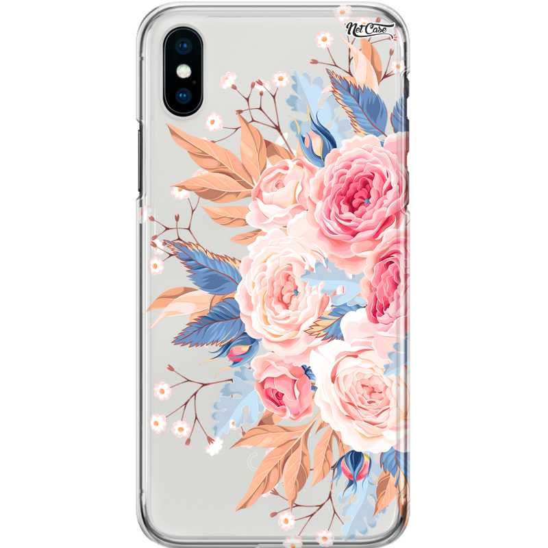 Capa Silicone NetCase Transparente Buquê Rosas e Folhas Azul