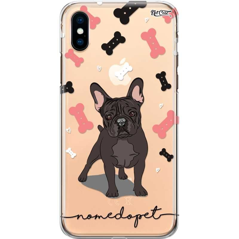 Capa Silicone NetCase Transparente Nome Bulldog Francês Ossinhos Preto