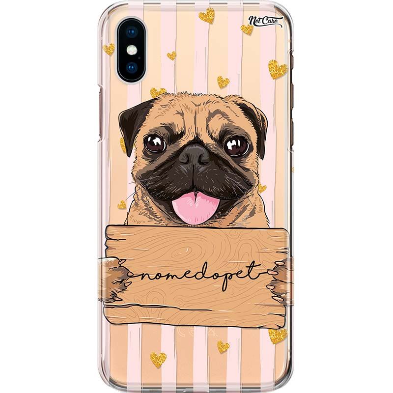 Capa Silicone NetCase Transparente Nome Pug Canela Listras e Corações