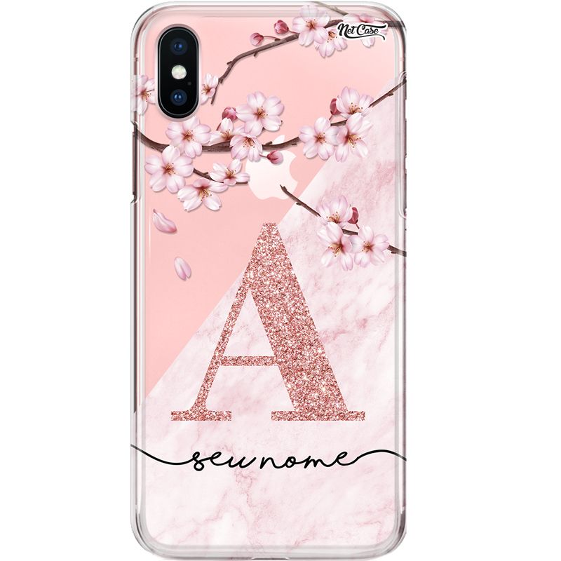 Capa Silicone NetCase Transparente Nome Letra Efeito Glitter com Hibiscos