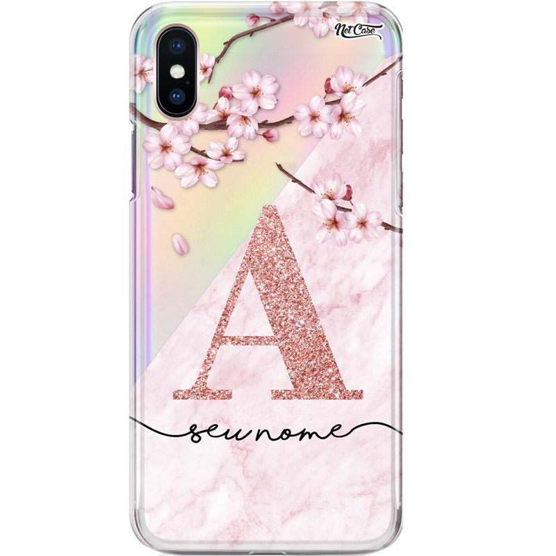 Capa Silicone NetCase Holográfica Letra Glitter com Hibiscos