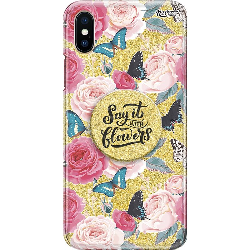 Capa Netcase Glitter + Pop 3in1 Dourado - Floral Peônias e Borboletas