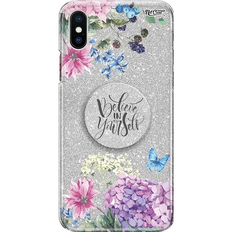 Capa Netcase Glitter + Pop 3in1 Prata - Flores Believe in Yourself