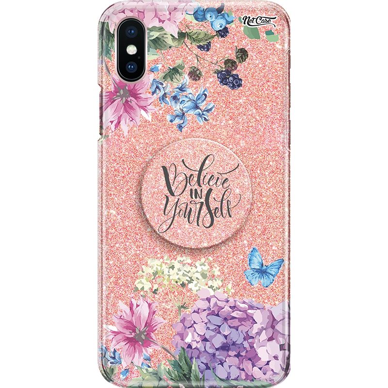 Capa Netcase Glitter + Pop 3in1 Rosê - Flores Believe in Yourself