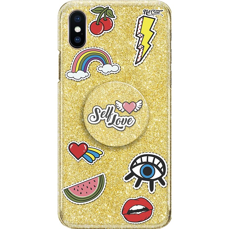 Capa Netcase Glitter + Pop 3in1 Dourado - Stickers Self Love