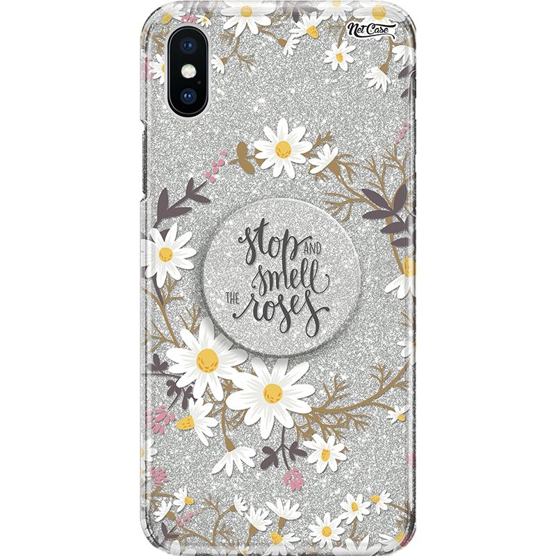 Capa Netcase Glitter + Pop 3in1 Prata - Stop and Smell the Roses