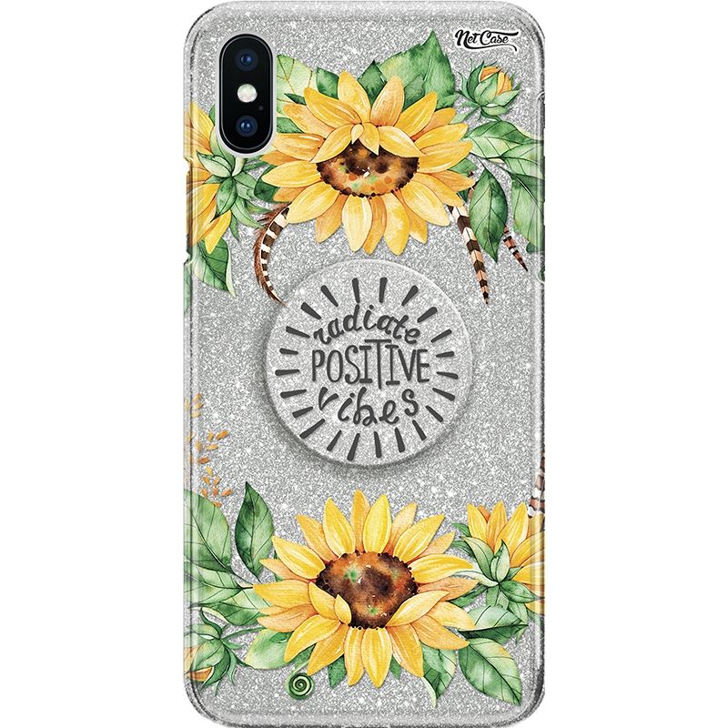 Capa Netcase Glitter + Pop 3in1 Prata - Girassóis Radiate Positive Vibes