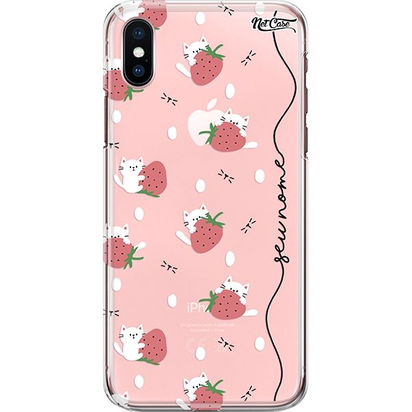 Capa Silicone NetCase Transparente Nome Cat with Strawberry