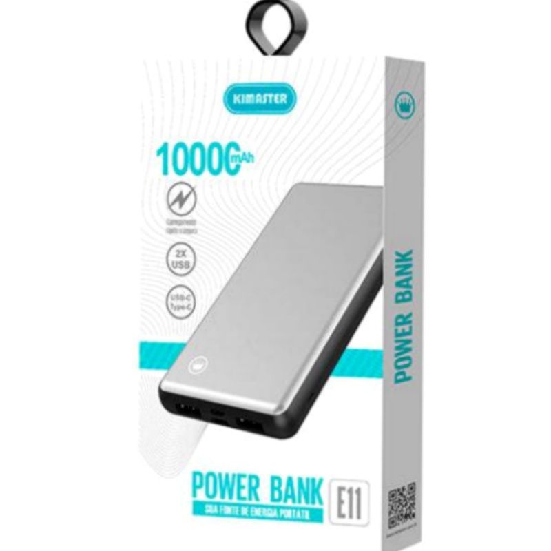 Bateria Extra Portátil Universal Power Bank Metálico Kimaster Dual Usb - E11 - 10000mAh - Prata