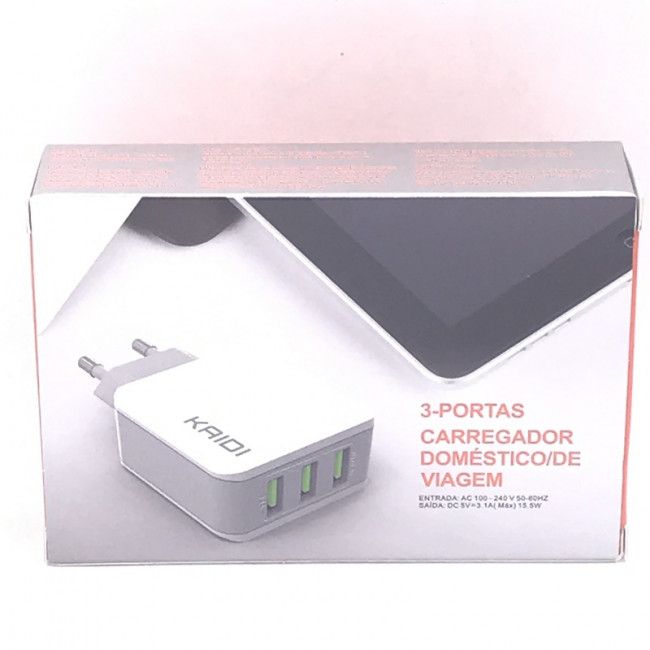 Adaptador de Tomada Usb Triplo Kaidi Universal KD-302 - Branco