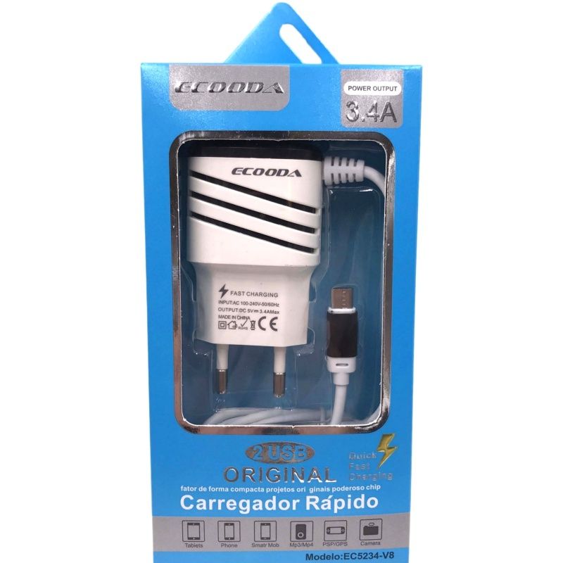 Carregador de Parede Ecooda Usb Dual - Micro Usb/V8 - Branco e Preto