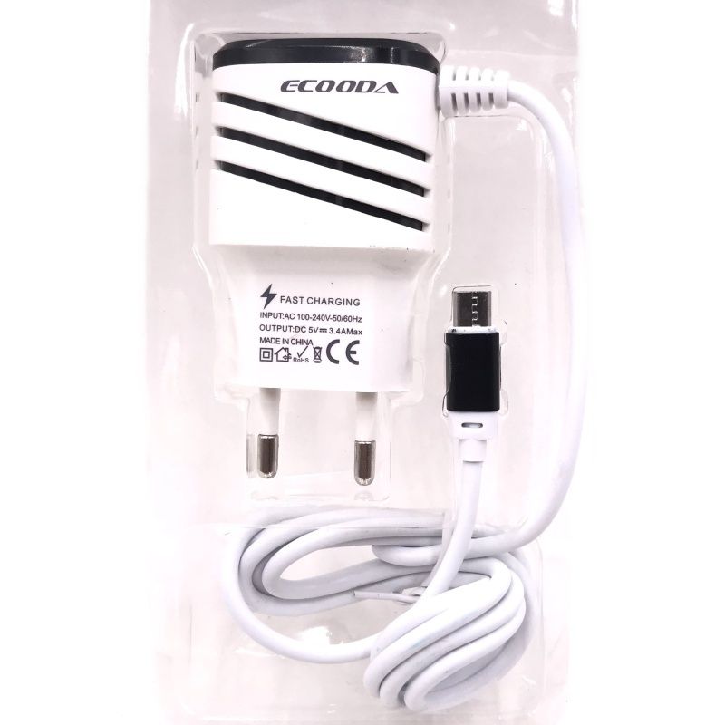 Carregador de Parede Ecooda Usb Dual - Micro Usb/V8 - Branco e Preto