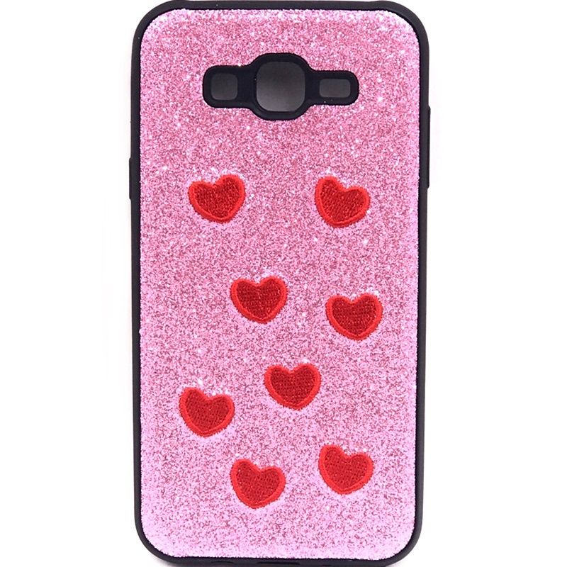 Capa Glitter Desenhos Bordado - Coraçõezinhos Rosa para Samsung Galaxy J7