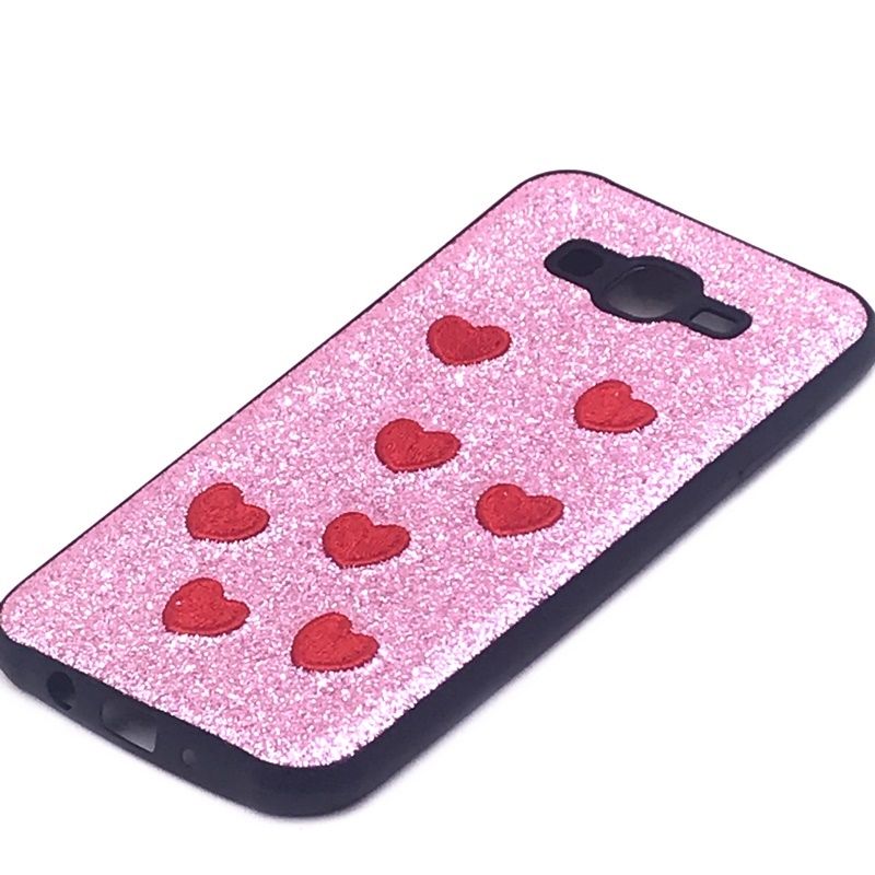 Capa Glitter Desenhos Bordado - Coraçõezinhos Rosa para Samsung Galaxy J7