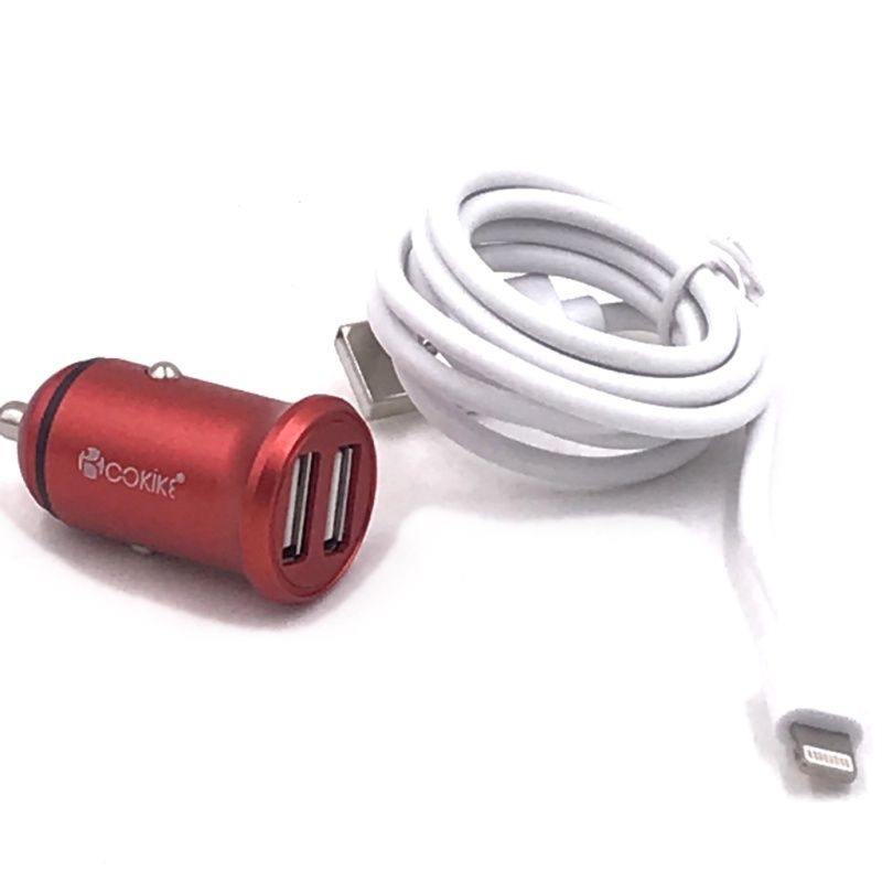 Kit Carregador Veicular Cokike Dual Usb + Cabo Usb Lightning - CC-1 - Vermelho