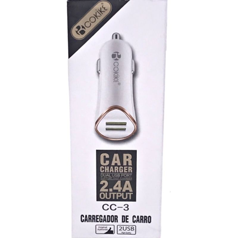 Kit Carregador Veicular Cokike Dual Usb + Cabo Micro Usb/V8 - CC-3 - Branco com Dourado
