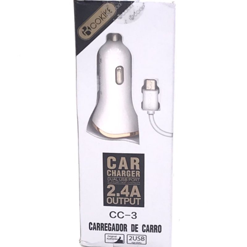 Kit Carregador Veicular Cokike Dual Usb + Cabo Micro Usb/V8 - CC-3 - Branco com Dourado