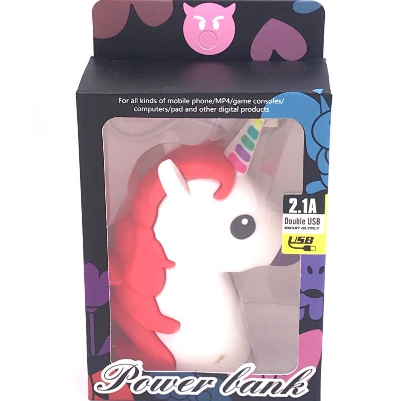 Bateria Extra Portátil Universal Power Bank Unicórnio Usb - 12000mAh - Branco e Vermelho