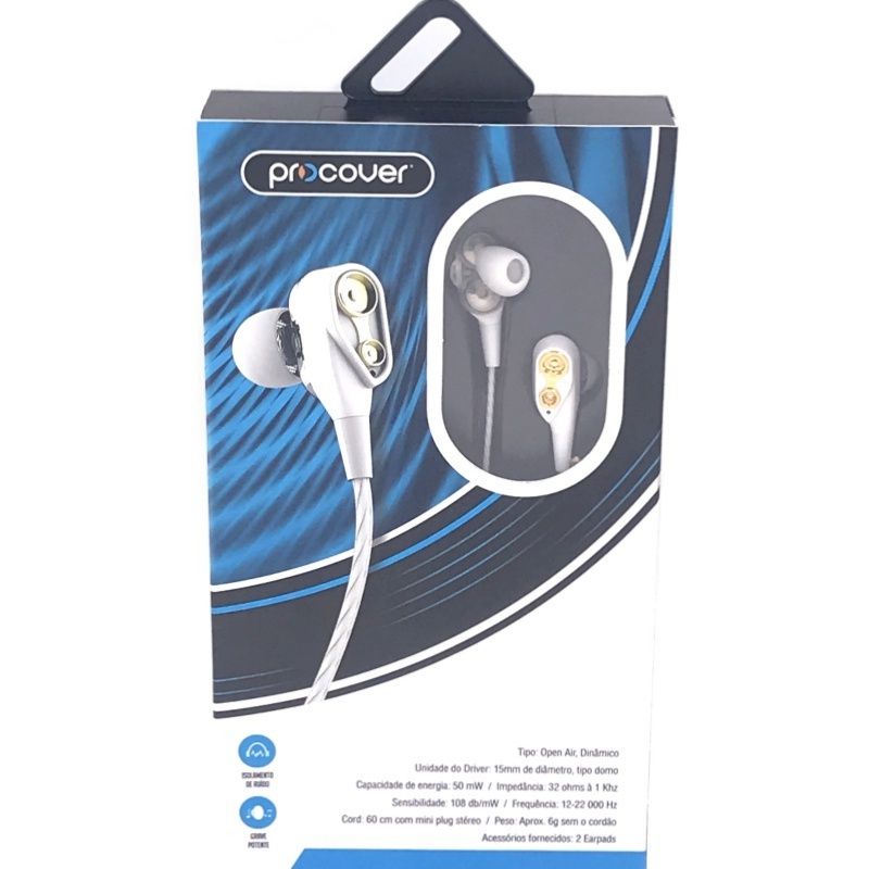 Fone de Ouvido Procover PC023 - Branco e Dourado