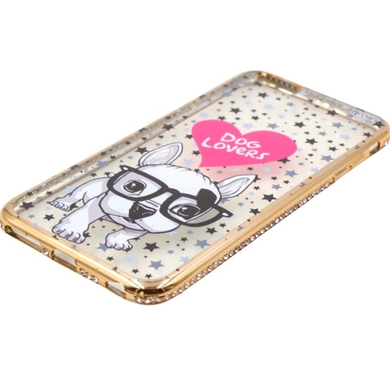 Capa Netcase Metálica com Strass Flexível - Dog Lovers Dourado p/ IPhone 6 Plus
