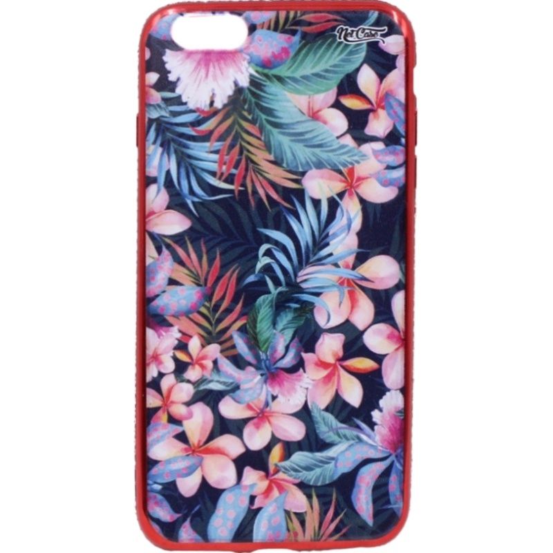 Capa Netcase Metálica com Strass Flexível -  Flores Tropicais Vermelho p/ IPhone 6 Plus