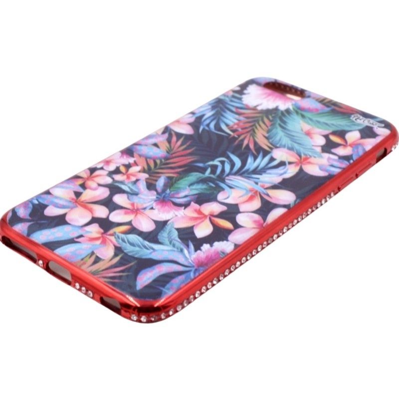 Capa Netcase Metálica com Strass Flexível -  Flores Tropicais Vermelho p/ IPhone 6 Plus