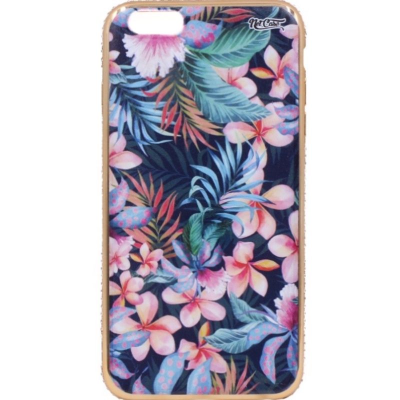 Capa Netcase Metálica com Strass Flexível -  Flores Tropicais Dourado p/ IPhone 6 Plus