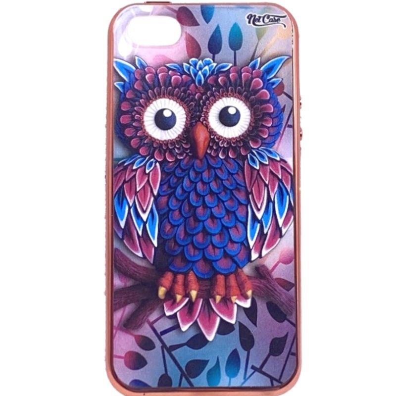 Capa Netcase Metálica com Strass Flexível Bronze - Coruja no Galho Violeta e Pink p/ IPhone 5/5s/SE