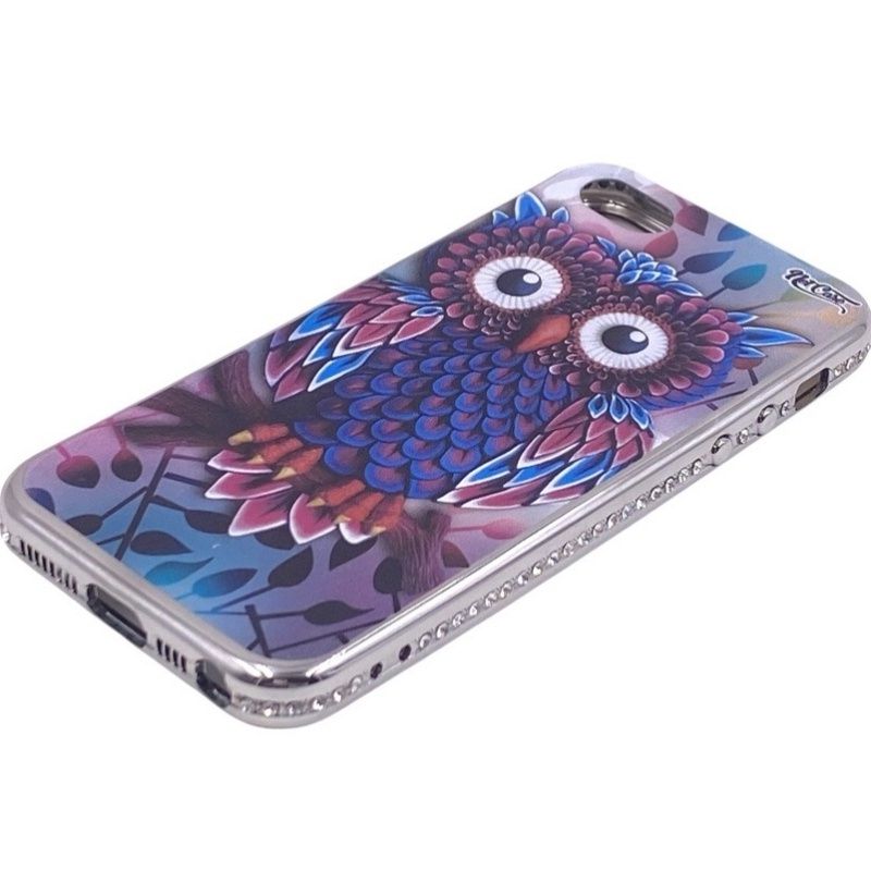 Capa Netcase Metálica com Strass Flexível Prata - Coruja no Galho Violeta e Pink p/ IPhone 5/5s/SE