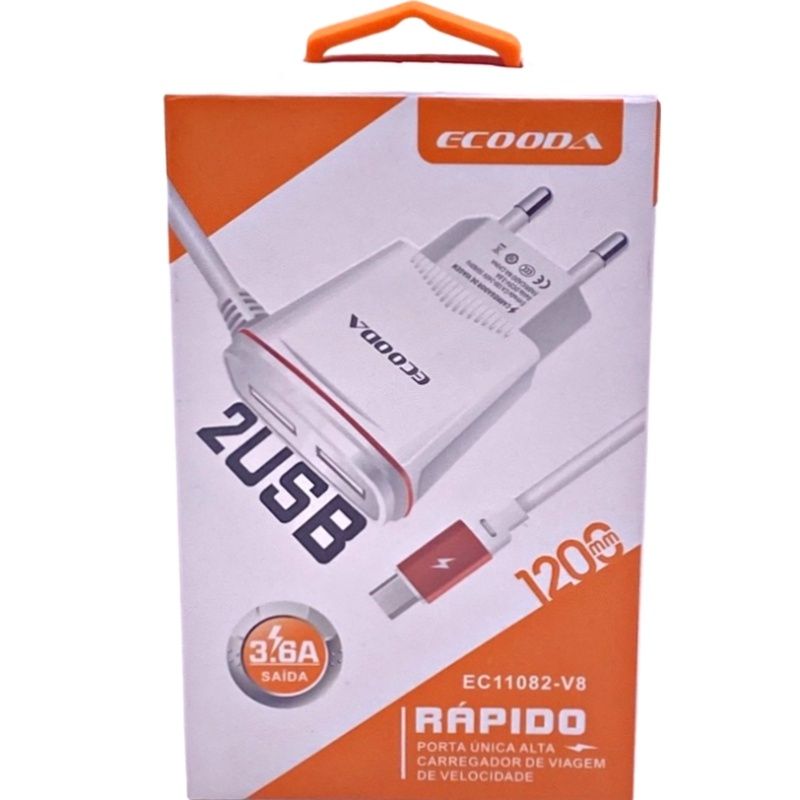 Carregador de Parede Usb Dual Ecooda EC11082 - Micro Usb/V8 - Vermelho